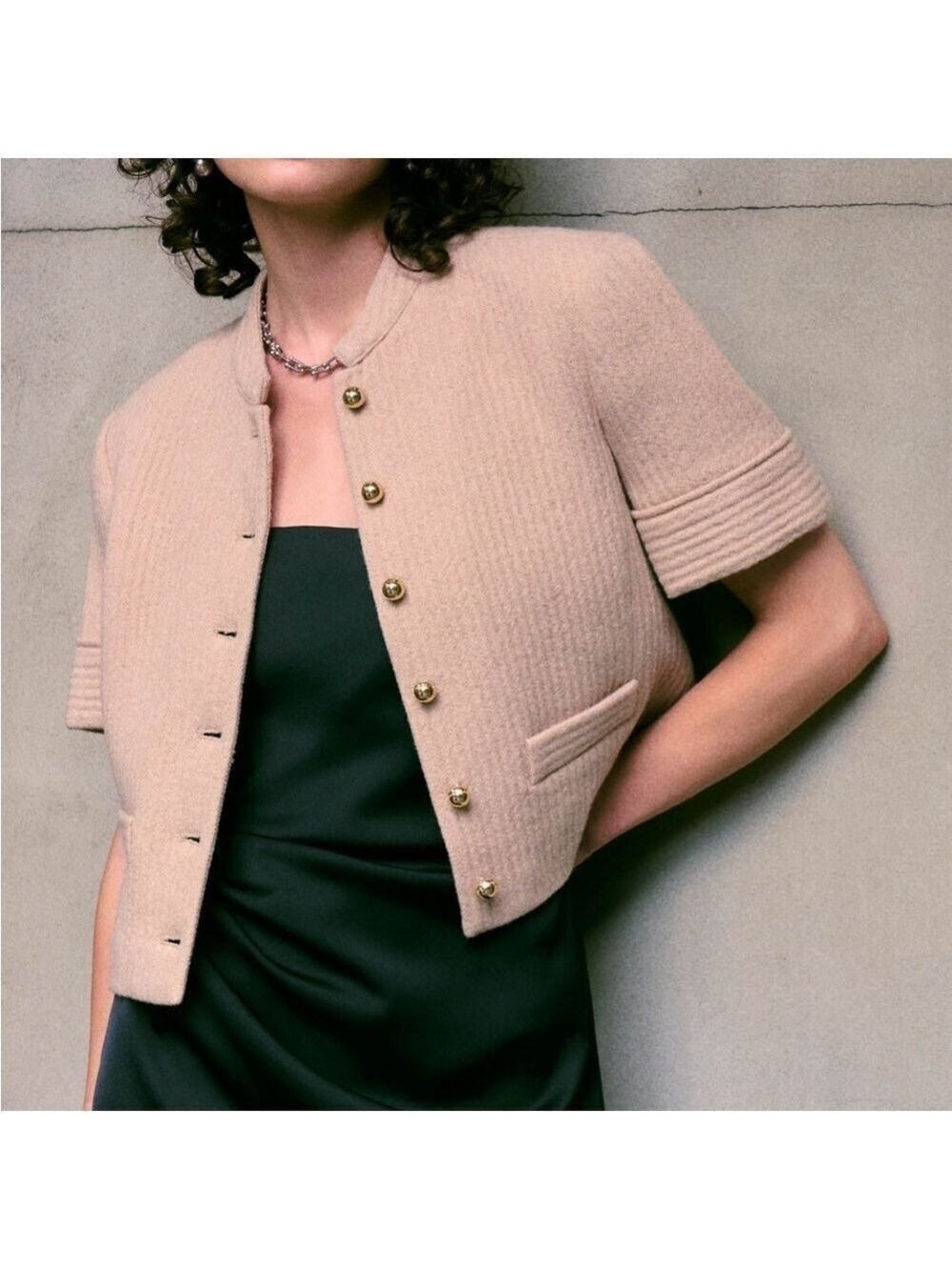 Derek Lam 10 Crosby Short Sleeve Cotton blend Tweed Jacket Blazer Beige Sz M